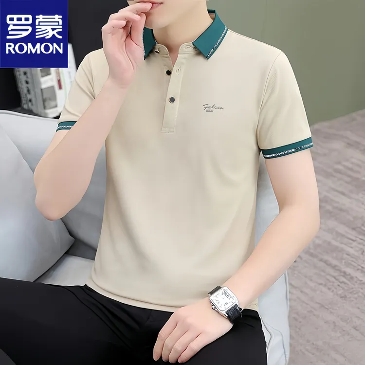 罗蒙夏季新款冰丝高端简约休闲薄款翻领商务短袖t恤刺绣polo衫男