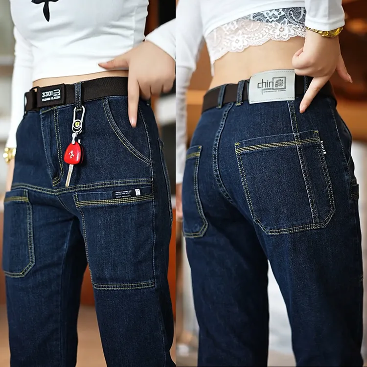 多口袋秋冬加绒男士牛仔裤修身直筒弹力2025爆款潮流百搭六兜长裤