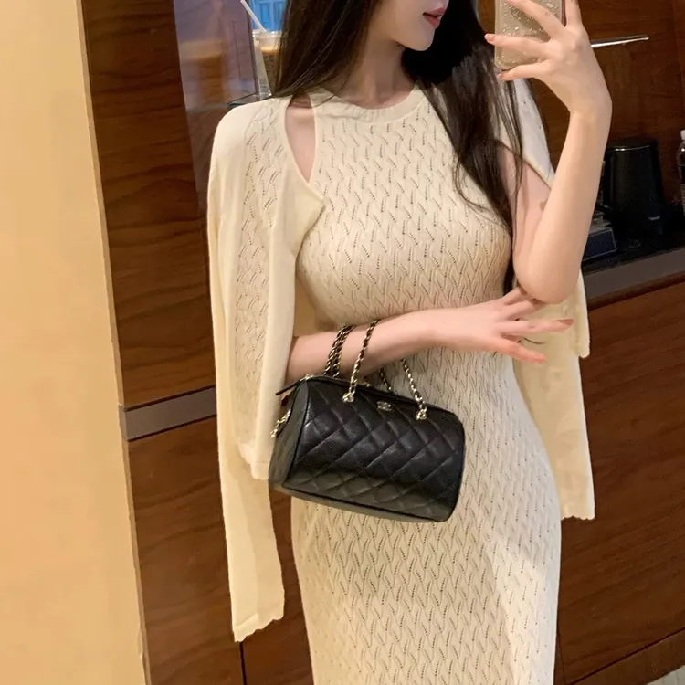 秋冬温柔姐姐法式优雅菱格针织开衫搭配修身包臀连衣裙长裙套装女