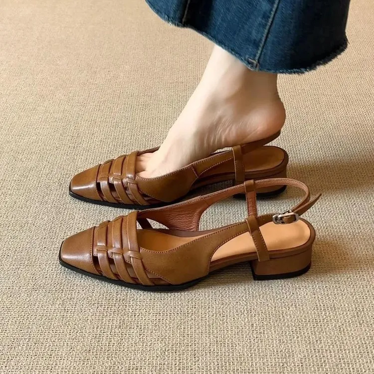 3.5cm复古风方头编织透气浅口粗跟通勤包头后空凉鞋