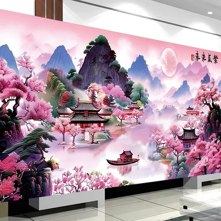 紫气东来风景画自粘画客厅大幅高端满绣流水生财世外桃源