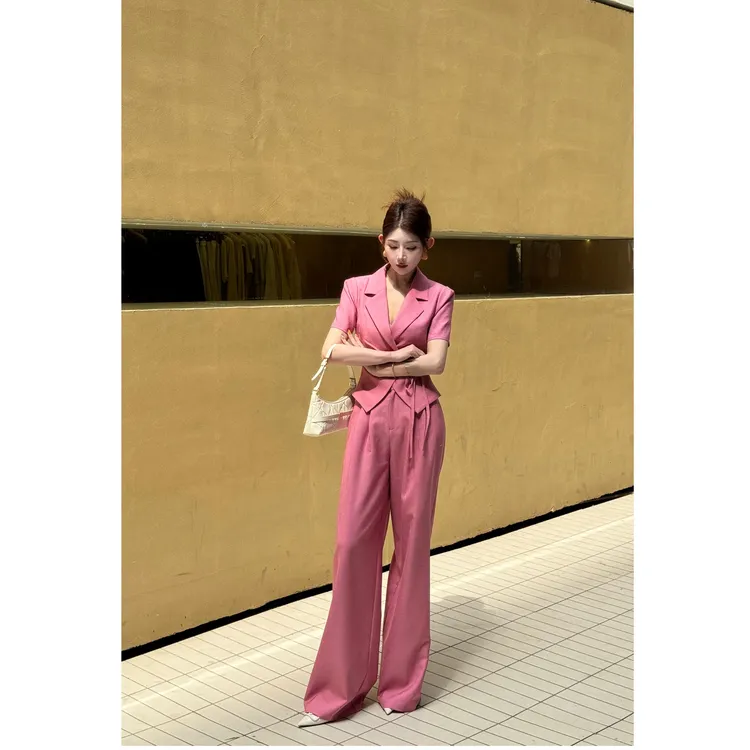 休闲风显瘦高级感时尚套装长裤轻奢设计师收腰25496