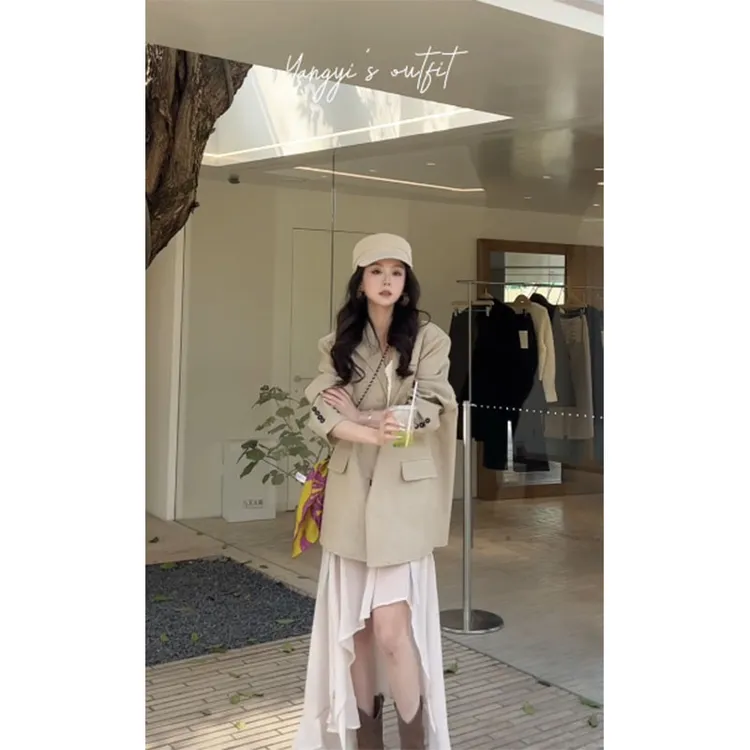 韩系气质设计感肩袖宽松廓形休闲西装外套高腰显瘦不规则半身裙女