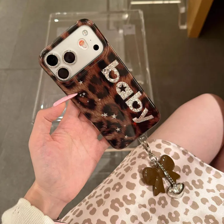 棕黑豹纹星星英文iPhone17promax手机壳适用苹果16创意15保护套女