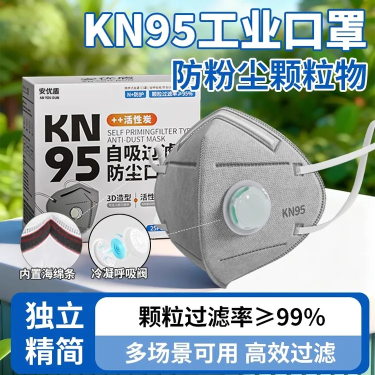 KN95工业防尘口罩活性炭防粉尘颗粒物3D立体自吸过滤透气带呼吸阀