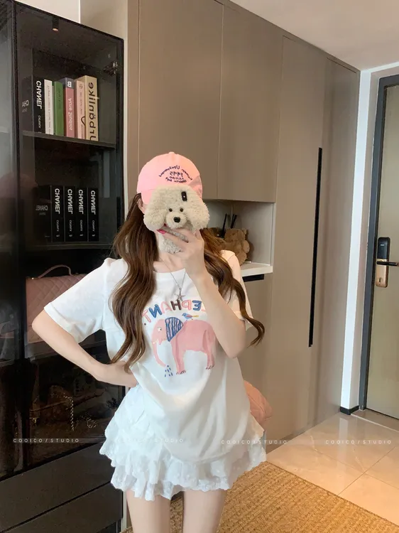夏季甜美风雪花棉卡通短袖胖mm显瘦宽松t恤女新款圆领百搭上衣服