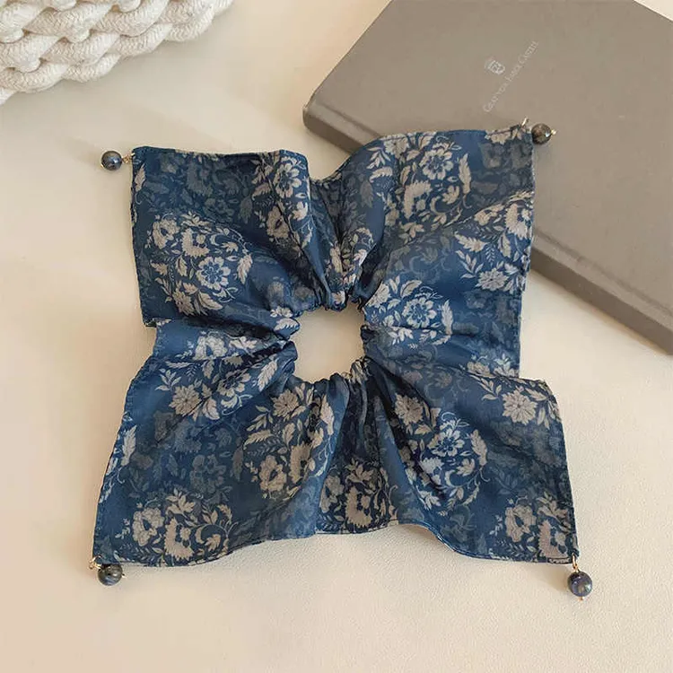 新中式国风复古印花方巾大肠发圈女方形扎头发低马尾发绳头绳发饰