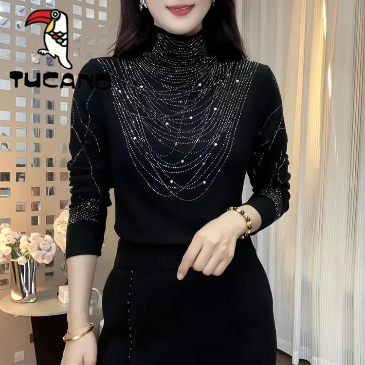 啄木鸟双面德绒半高领烫钻休闲打底衫女秋冬新款气质长袖内搭上衣