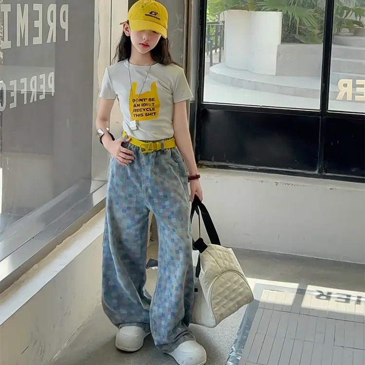 女童套装2025夏季新款女大童时尚印花短款上衣薄款牛仔裤休闲夏装