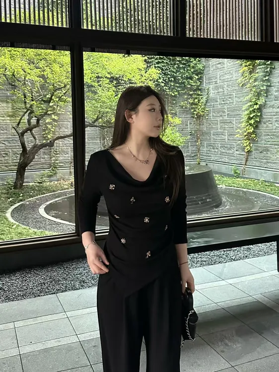 琪琪怪怪大码女装【秋日限定】气质荡领针织上衣+阔腿裤T17862QD