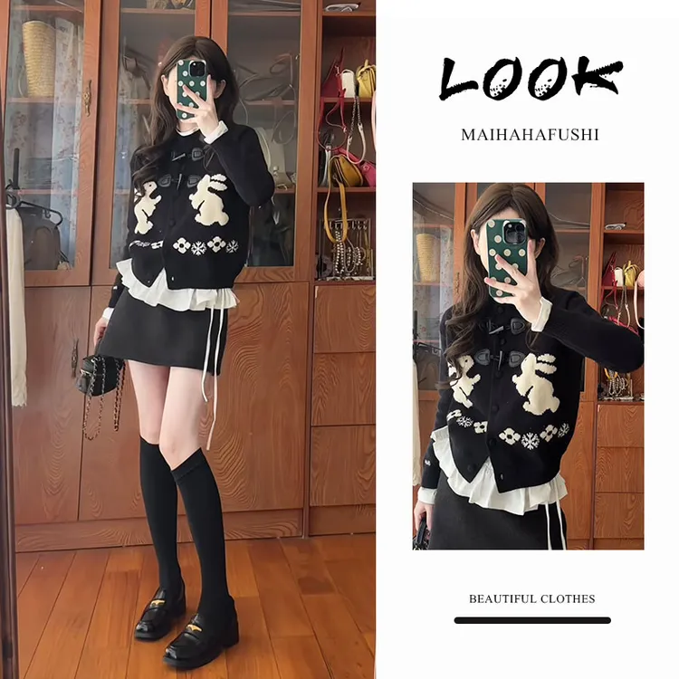 秋冬一整套女装2025新款韩版洋气短款纽扣针织毛衣包臀短裙两件套