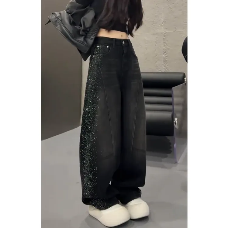 阔腿裤INS冬季潮酷镶砖细闪牛仔裤高腰百搭黑色长裤梨型身材显瘦