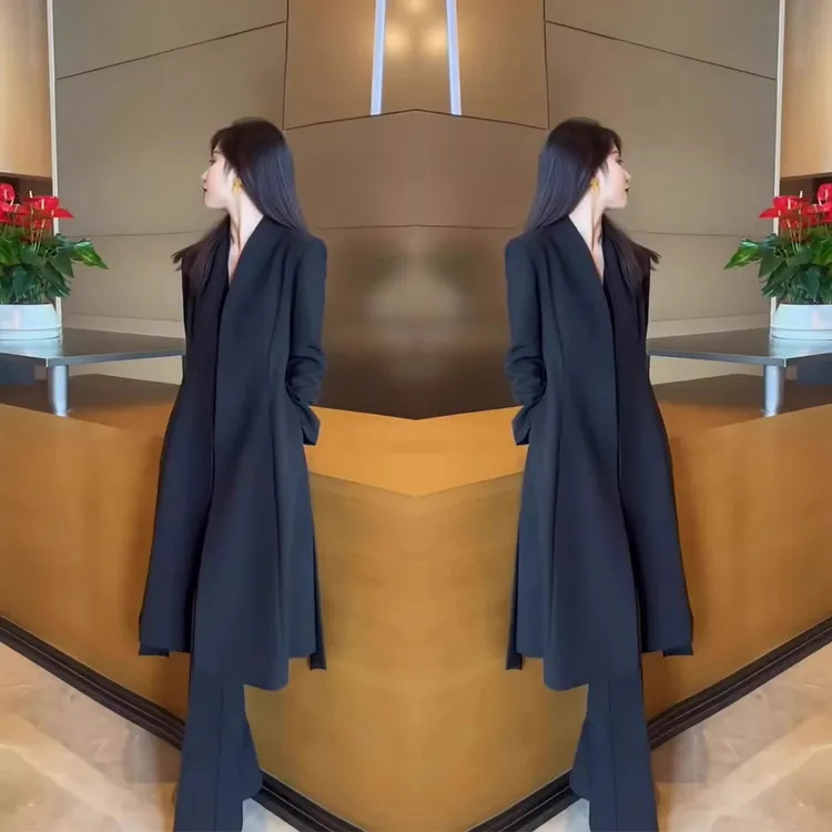 高级感黑色风衣外套中长款女2025秋冬新款西装风大码气质休闲大衣