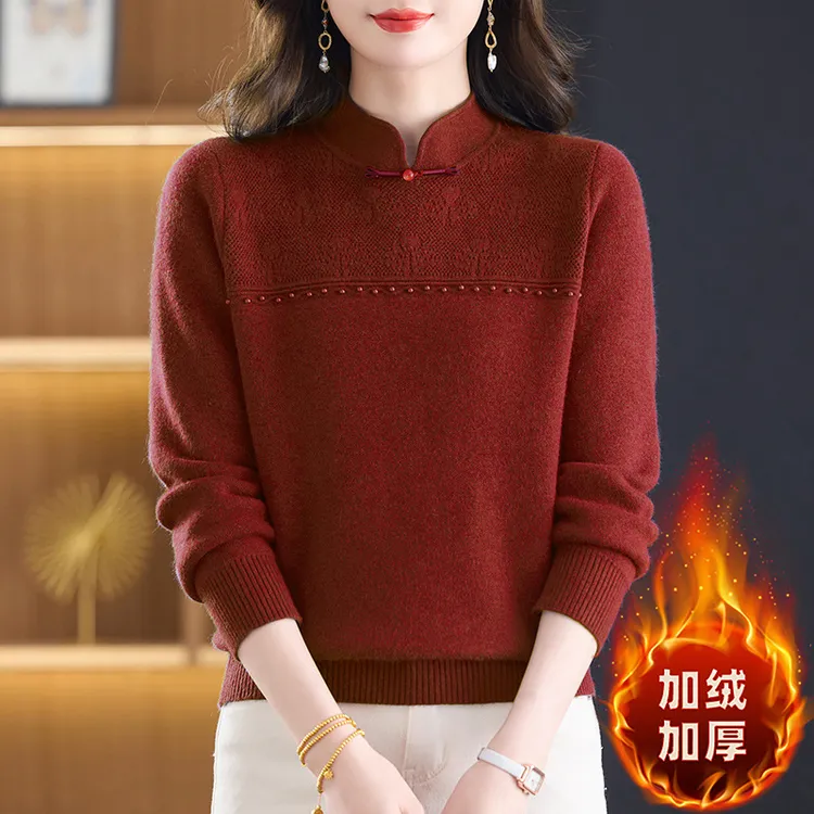 2025加厚一体绒保暖内搭上衣复古盘扣加绒毛衣秋冬季立领针织衫女