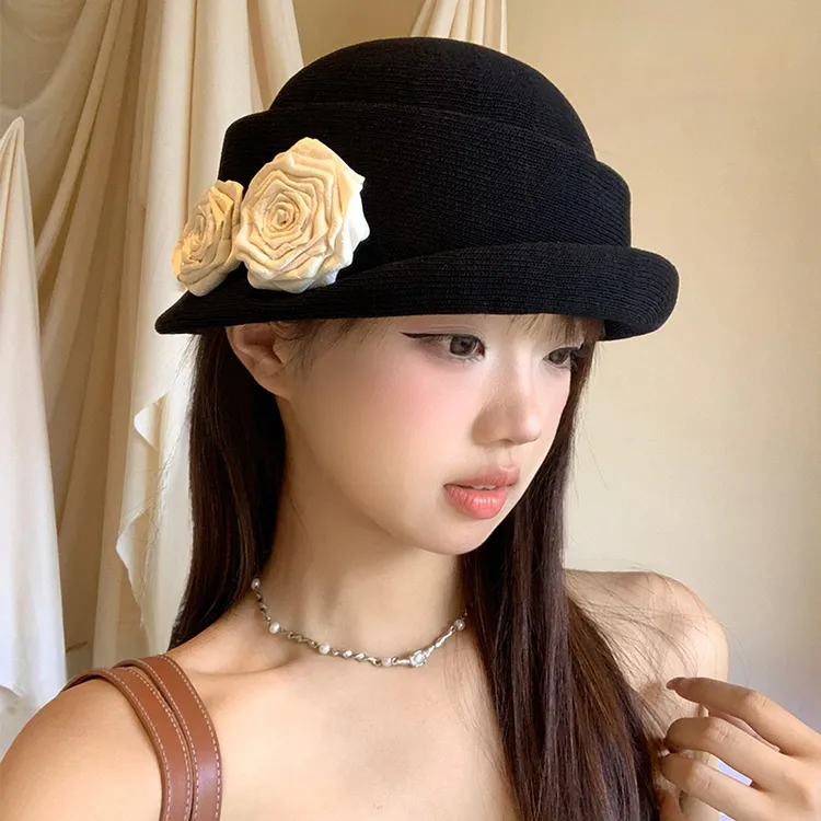 法式优雅山茶花卷边礼帽女夏薄款亚麻透气千金风帽子显脸小贝雷帽