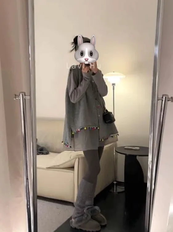 韩系慵懒风穿搭套装女秋冬季彩扣针织马甲圆领拼接网纱裙两件套女