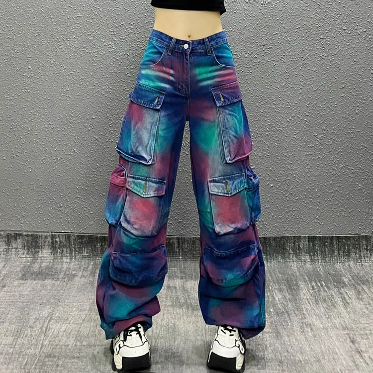 炫酷彩绘色多口袋工装裤女春新款高腰宽松显瘦百搭直筒阔腿牛仔裤