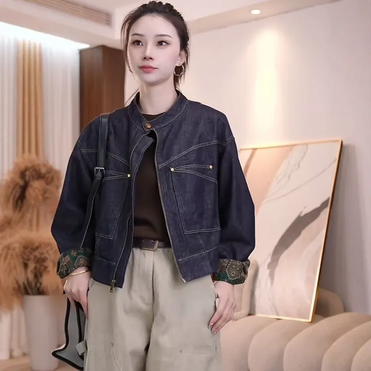 不褪色超好看时尚立领印花拼色牛仔外套爆款高级感洋气百搭夹克上