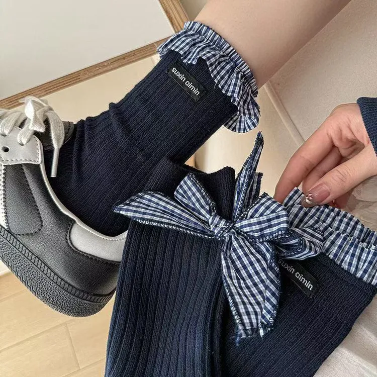 miu风花边中筒袜女春夏季蝴蝶结芭蕾风藏青色秋天ins堆堆袜L