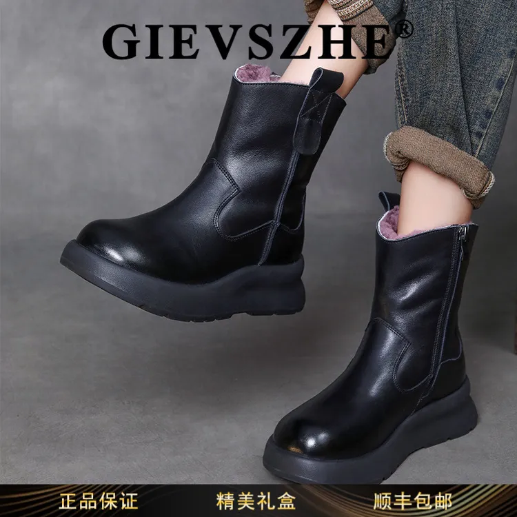 纪诗哲时尚复古气质马丁鞋女2025秋冬季厚底增高加绒保暖百搭女靴