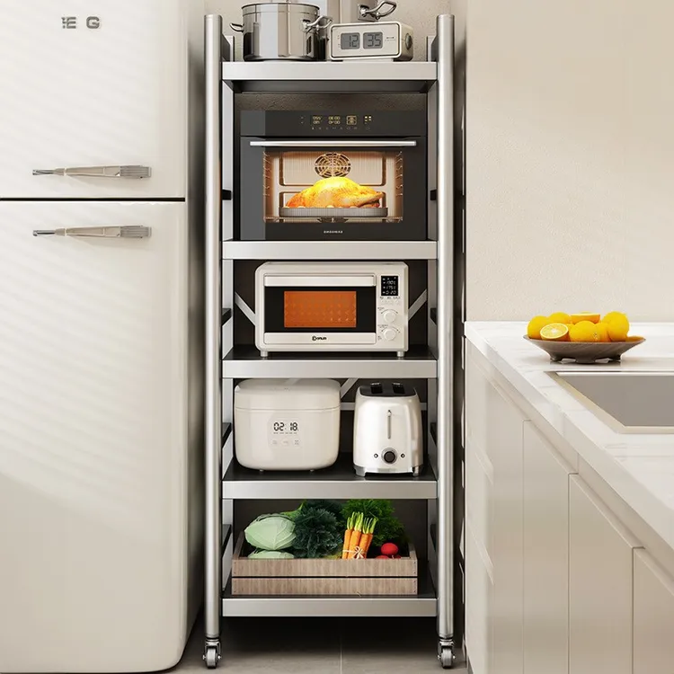 三到五层厨房多功能置物架落地多层家用锅具分层夹缝收纳架子烤箱