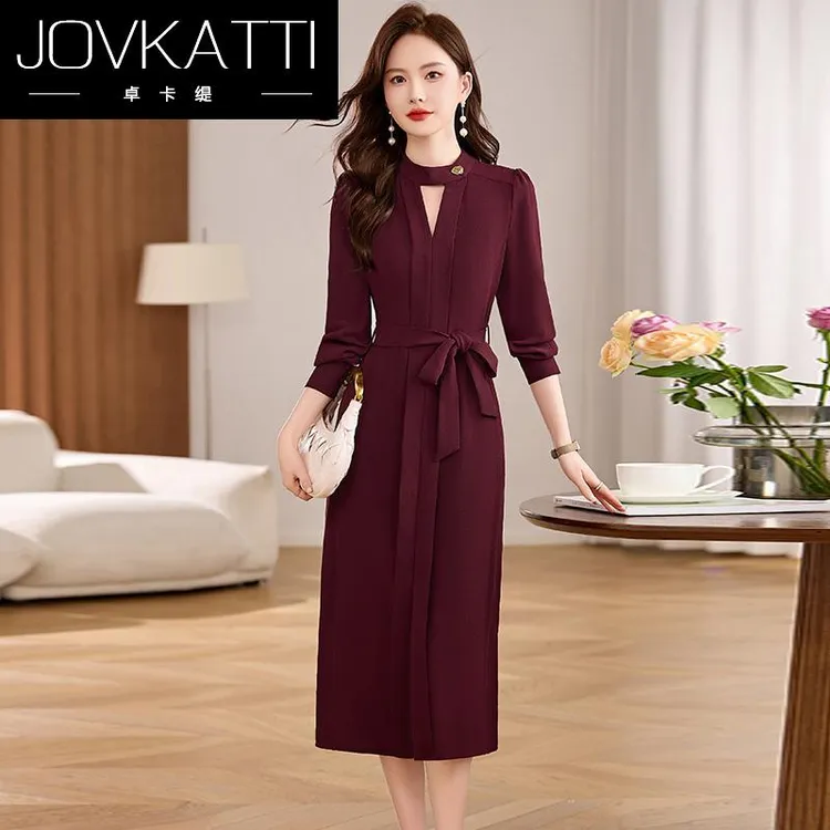 Jovkatti酒红色气质名媛连衣裙女长袖新款秋季高级感收腰显瘦开叉