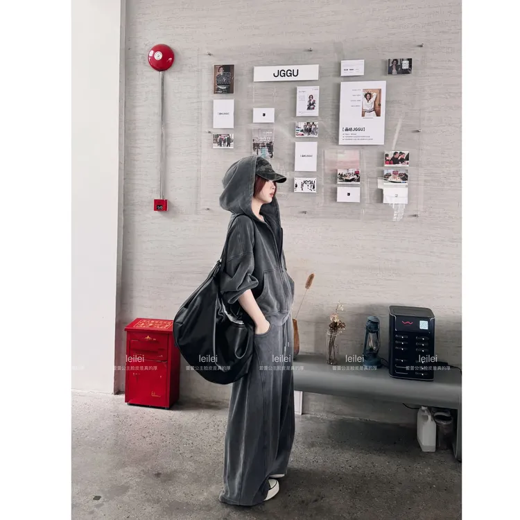 晶咕【机能girl】复古水洗连帽卫衣外套+全松紧高腰抽绳阔腿裤
