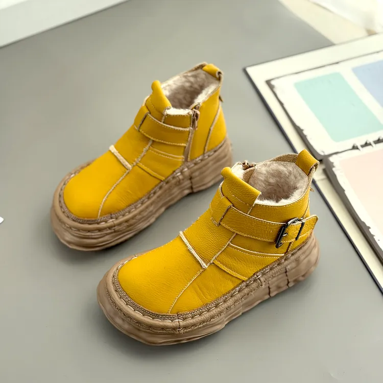 巷拙719-68中跟圆头英伦风头层牛皮马丁靴保暖软底冬季棉靴雪地靴