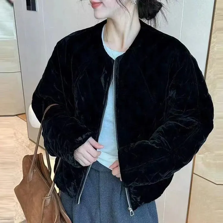 欧货短款金丝绒棉衣韩系菱形格棉服外套冬装新款宽松休闲外套上衣