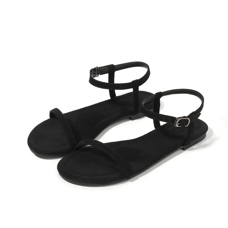 2025夏季新款爆款黑色露趾平底时装凉鞋女低跟明星同款百搭鞋子