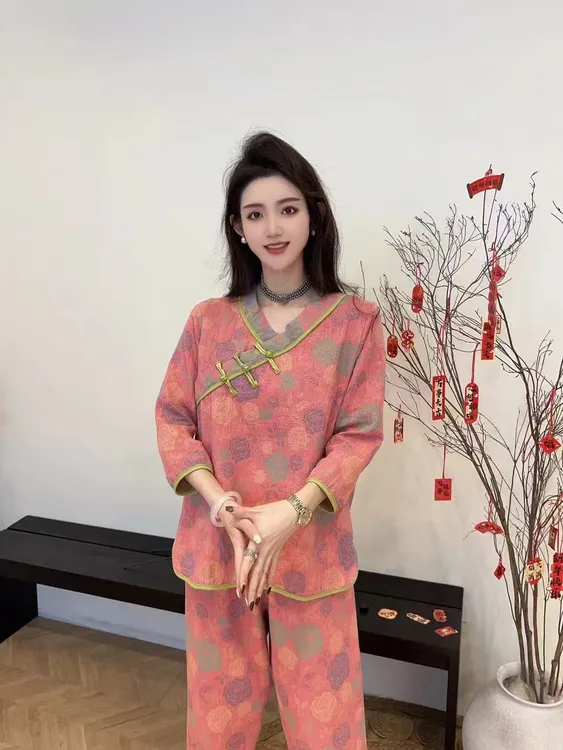 新中式棉纱睡衣女春秋冬国风睡衣可外穿套装双层纱全棉锁温V领