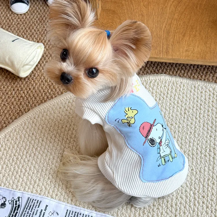 小甜粥宠物服狗狗春秋卡通印花华夫格不规则印花背心约克夏衣服