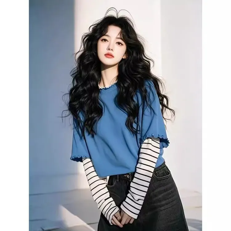 蓝色拼接花边条纹袖长袖T恤女2025新款开春季设计感韩系chic上衣