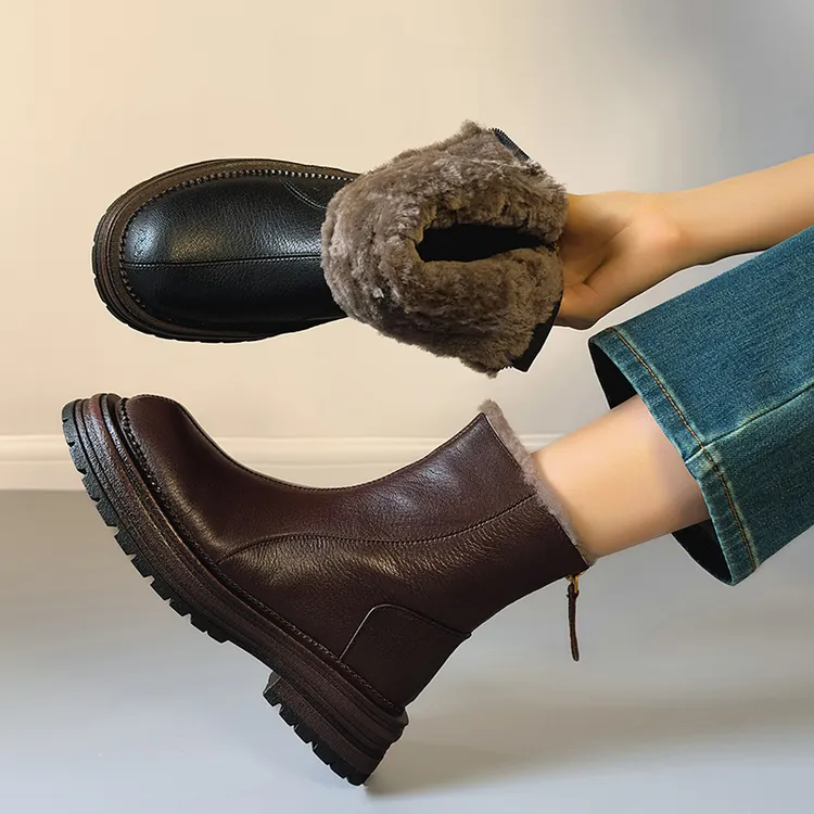 手工真皮~全羊羔毛~加厚加绒马丁靴女冬季保暖雪地靴复古厚底短靴