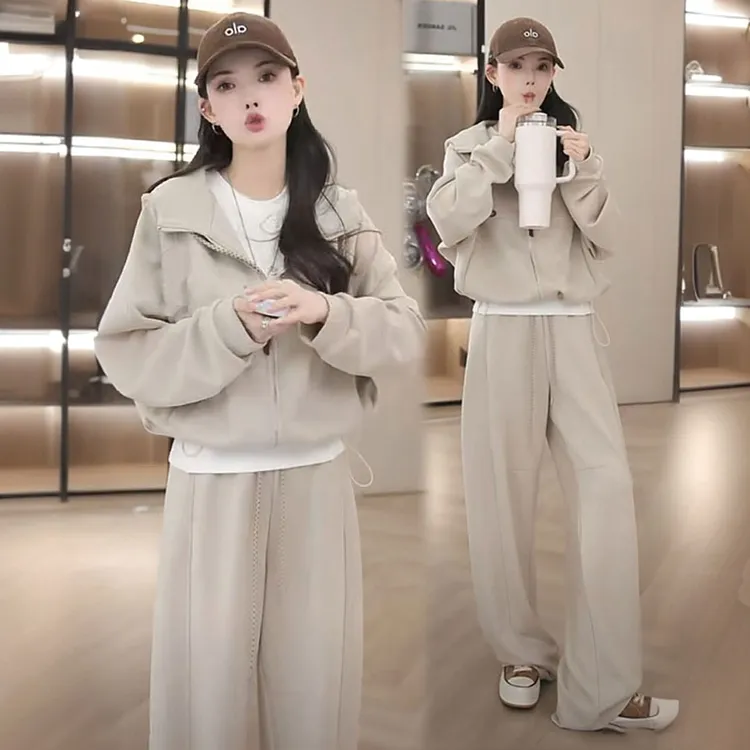 拉夏贝尔时尚休闲套装女2025秋季新款连帽开衫阔腿裤百搭两件套