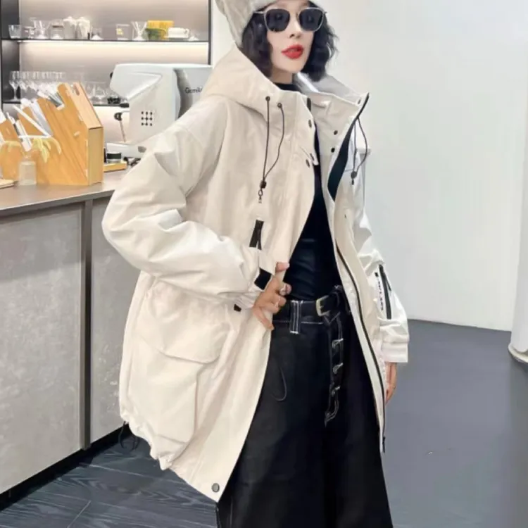 欧货～棉服，米白色，连帽，长袖拼接款，均码，显瘦，百搭