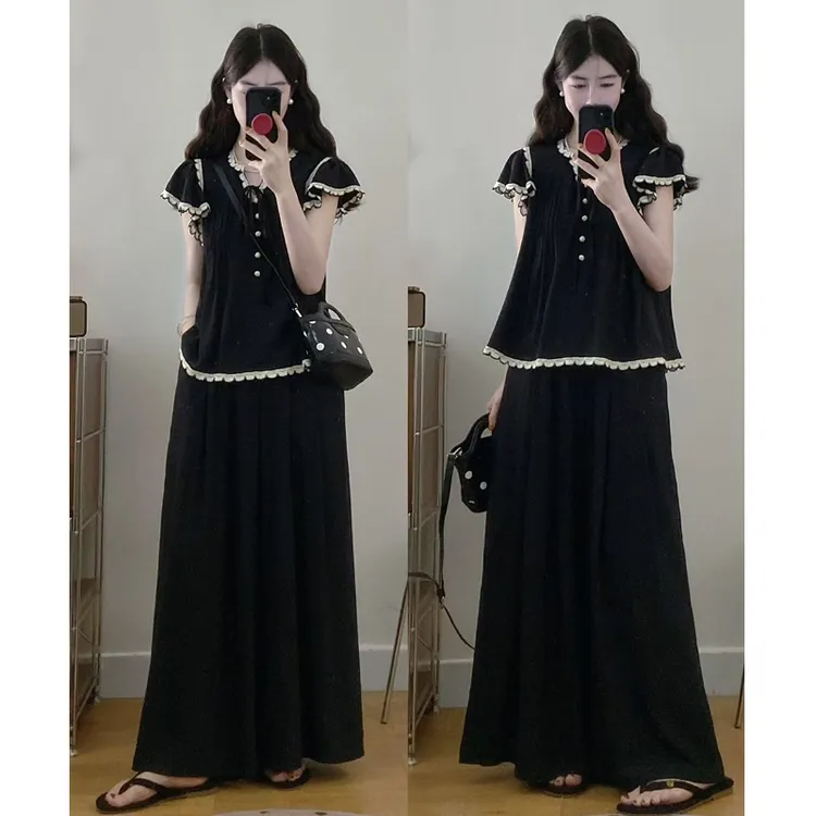 大码夏季新款胖MM高级感花边显瘦上衣+高腰阔腿裤两件套装女