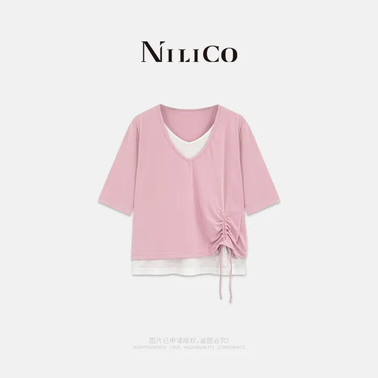 NILICO【柔汐】显瘦遮肉撞色假两件设计感气质时尚休闲短袖t恤上衣