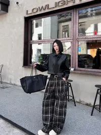 CZ【向往自由】格子加厚常规时髦拼接翻领皮衣衬衫