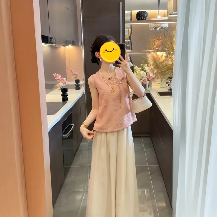 2025夏季新中式无袖背心上衣斜襟盘扣设计感百搭阔腿裤两件套女