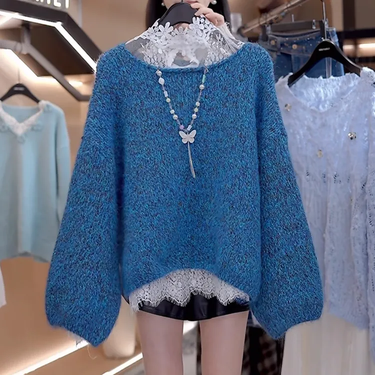 秋冬蓝色套头毛衣女慵懒风宽松显瘦高领蕾丝钩花针织打底衫套装