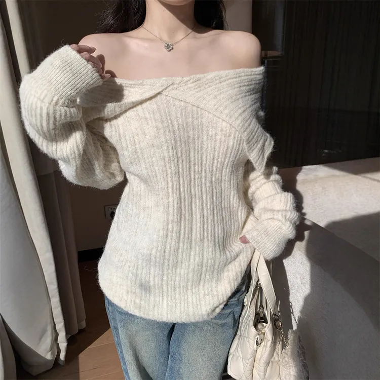 女式慵懒风不规则大翻领露肩毛衣秋冬新款上衣女两面穿