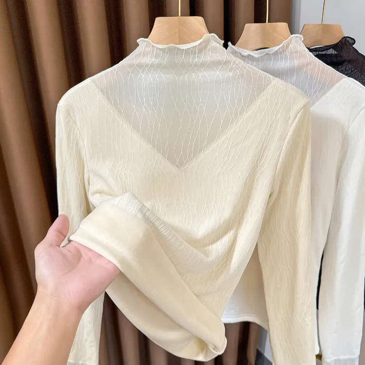 蕾丝加绒内搭木耳边上衣女2025秋冬款长袖修身洋气小衫半高领纱衣