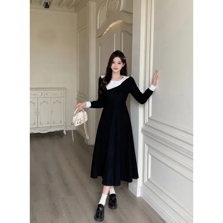 2025秋季大码胖mm法式茶歇长袖连衣裙气质显瘦修身小黑裙80432
