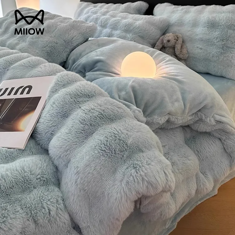 冬季加厚牛奶绒入冬四件套双面绒加绒保暖仿兔毛绒被套珊瑚绒床单