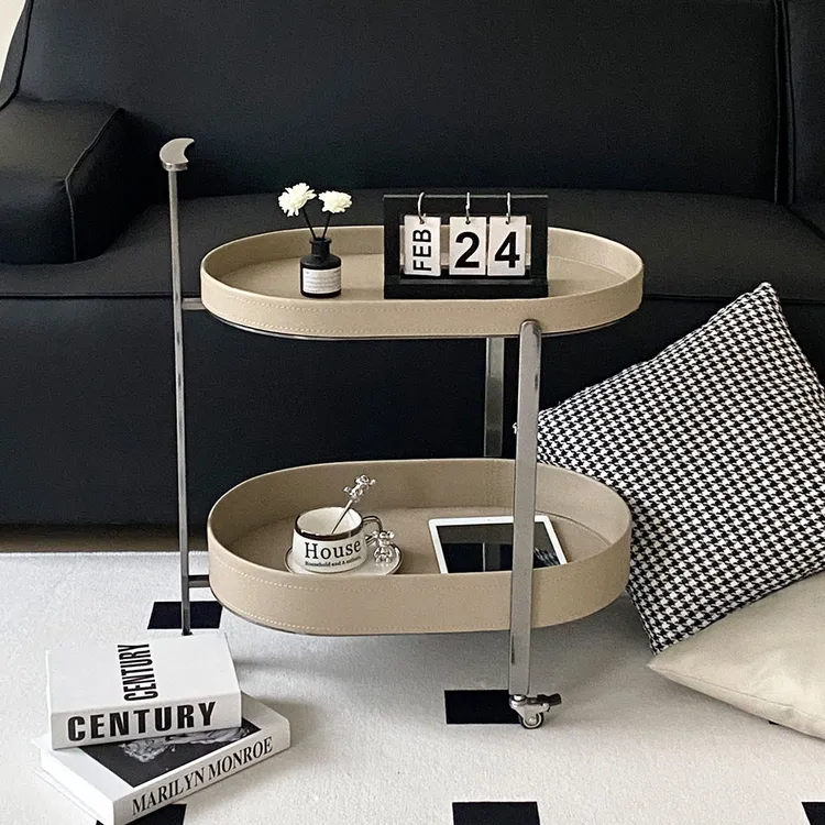 轻奢马鞍皮沙发边几客厅阳台可移动置物架设计感椭圆推车双层茶几