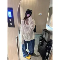 白色开衫蓝色格纹阔腿裤白色背心吊带三件套9090#镂空