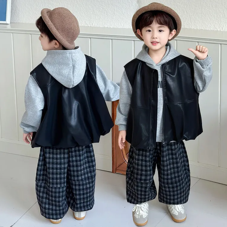 男童套装2025新款韩系酷帅男孩衣服儿童秋装卫衣宝宝皮马甲三件套