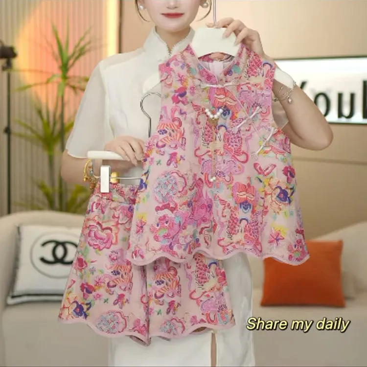 女童网红锦鲤套装2025夏季新款新中式改良国风背心短裤复古两件套