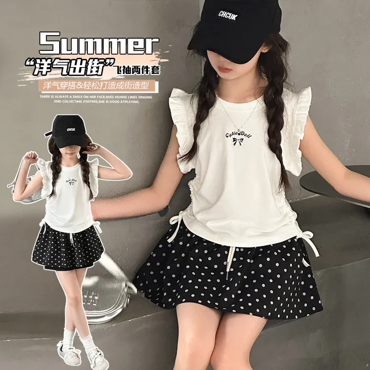 2025新款夏季女童韩版飞袖t恤波点裙中大童洋气百搭夏装两件套潮